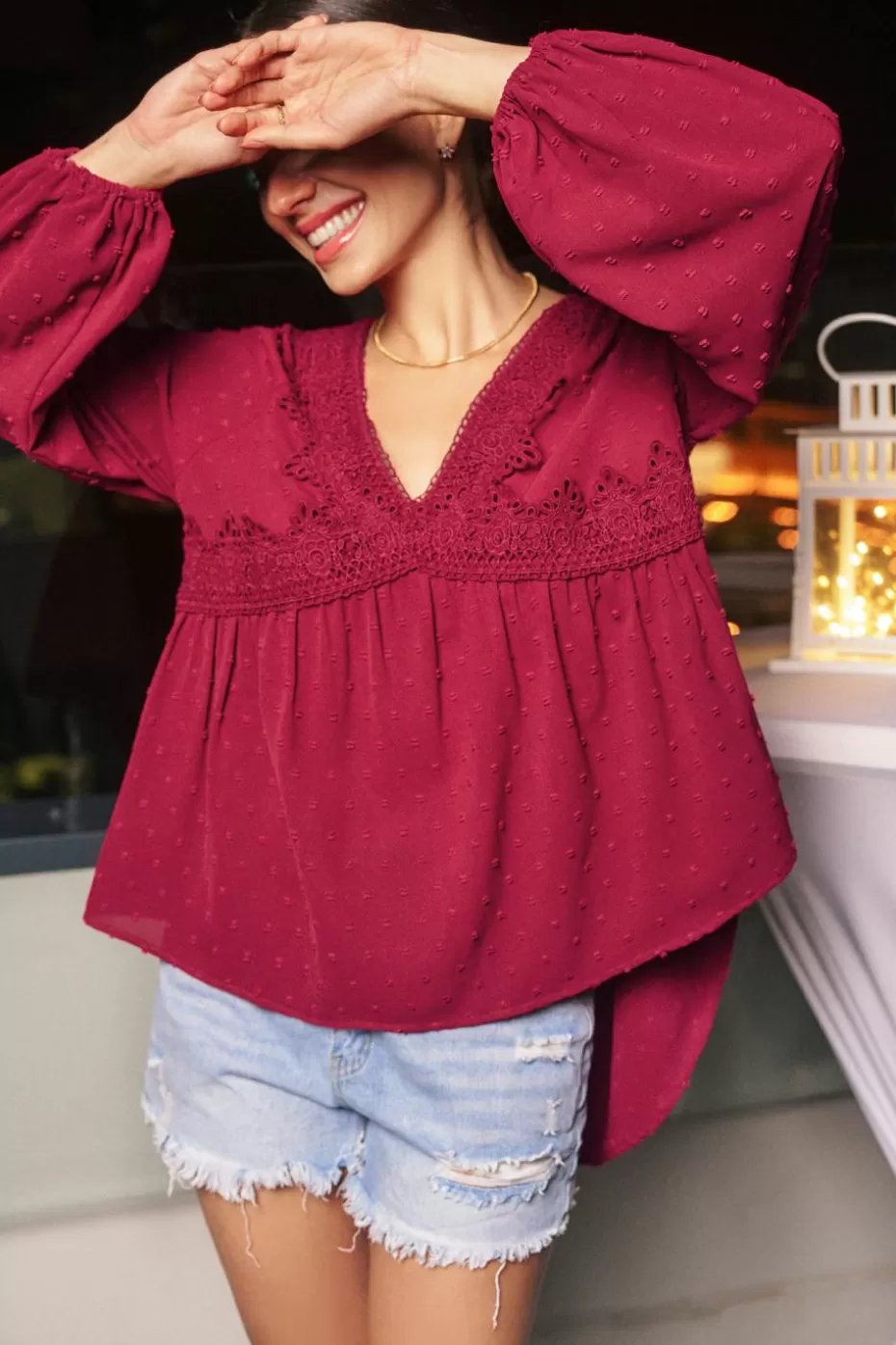 Cheap Cupshe Burgundy Lace V-Neck Blouson Sleeve Top Red