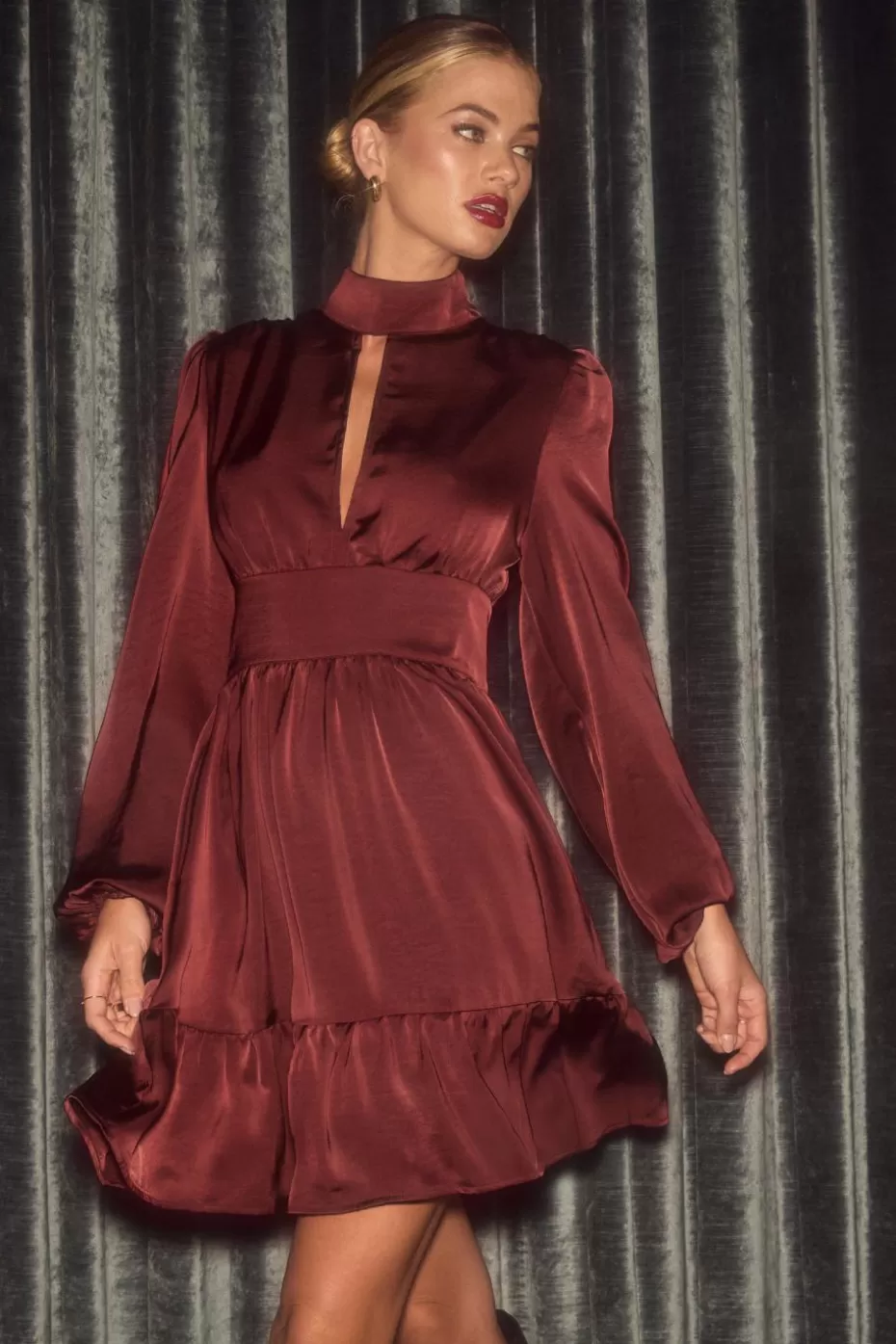 Outlet Cupshe Burgundy Mockneck Long Sleeve Flounce Mini Dress Red