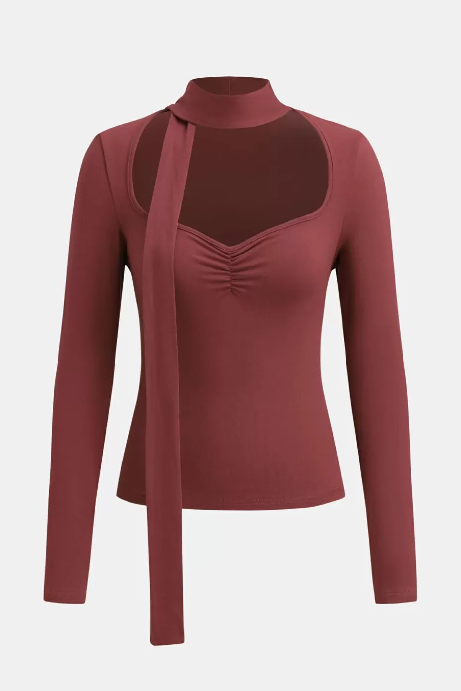 Cheap Cupshe Burgundy Neck Tie Long Sleeve Jersey Top Red