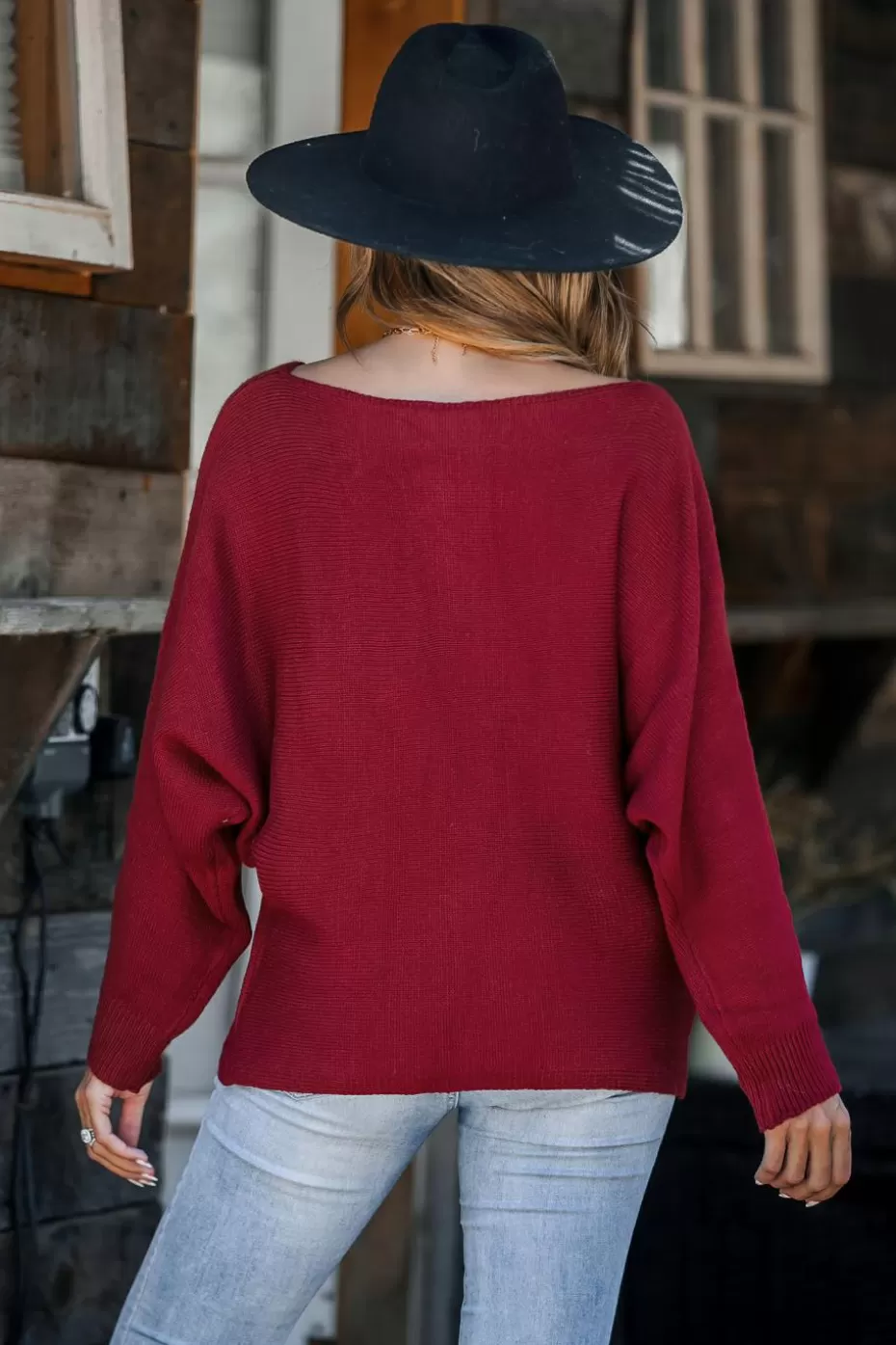Cheap Cupshe Burgundy Off-Shoulder Long Sleeve Sweater Red