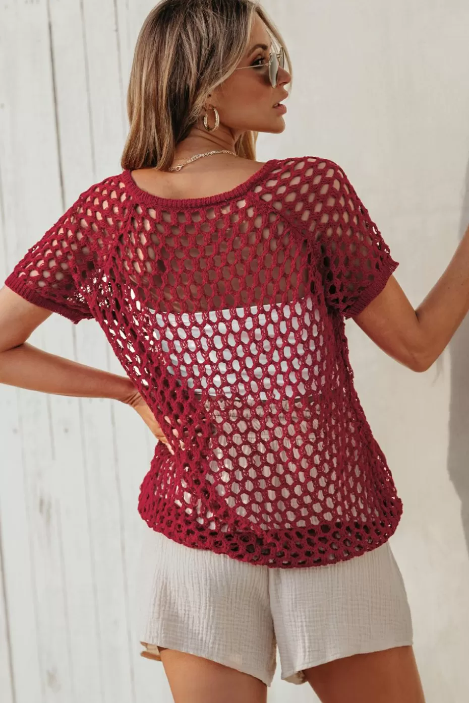 Online Cupshe Burgundy Open Knit Front Button Cover-Up Burgandy