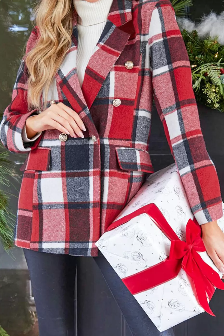 New Cupshe Burgundy Plaid Double-Breasted Blazer Red
