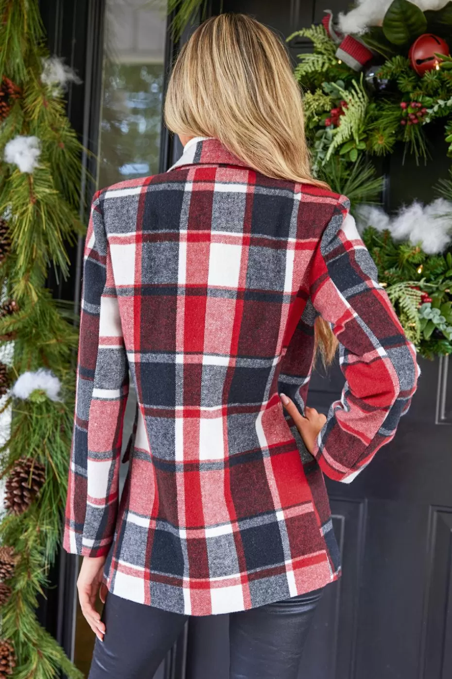 New Cupshe Burgundy Plaid Double-Breasted Blazer Red