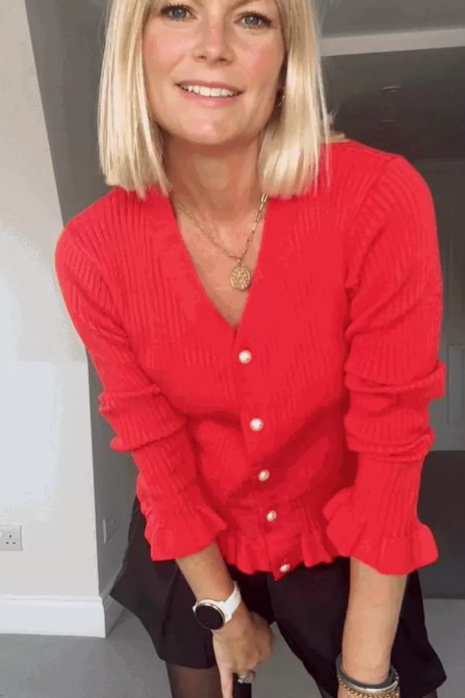 Store Cupshe Burgundy Ribbed Knit V-Neck Long Sleeve Ruffle Trim Cardigan Red