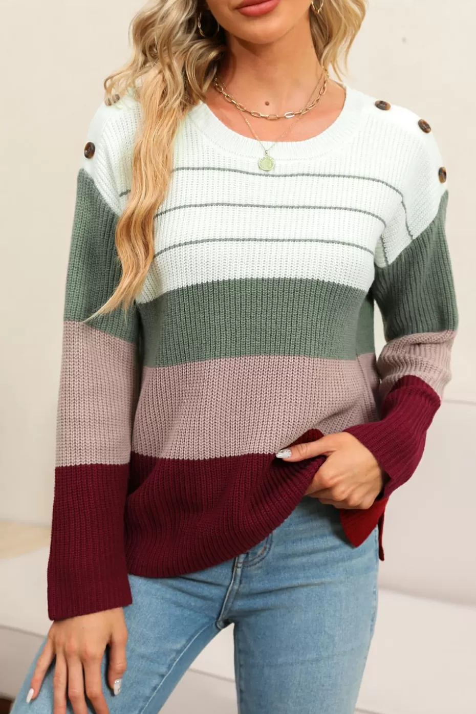 Flash Sale Cupshe Burgundy Striped Round Neck Buttoned Sweater Red