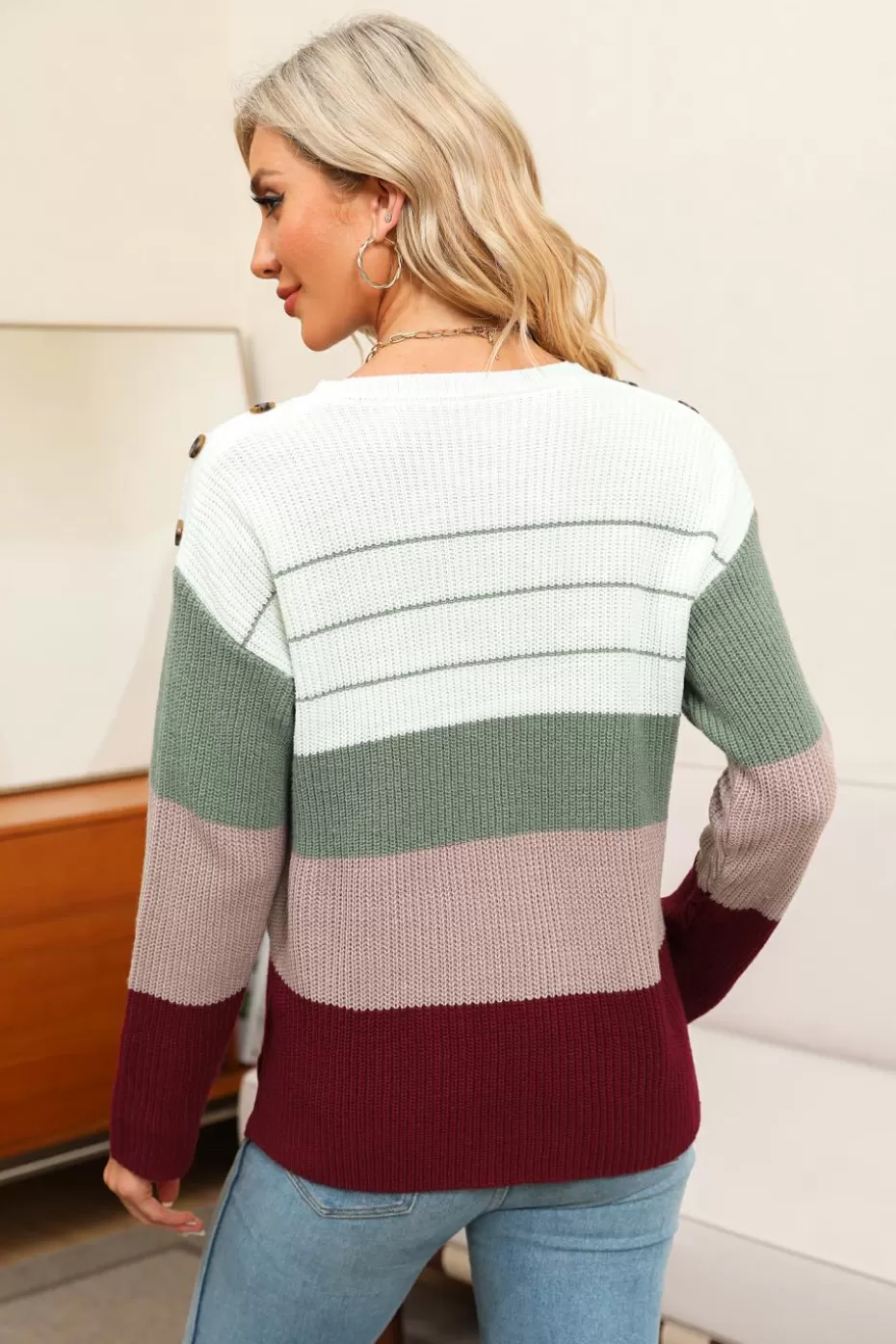 Flash Sale Cupshe Burgundy Striped Round Neck Buttoned Sweater Red