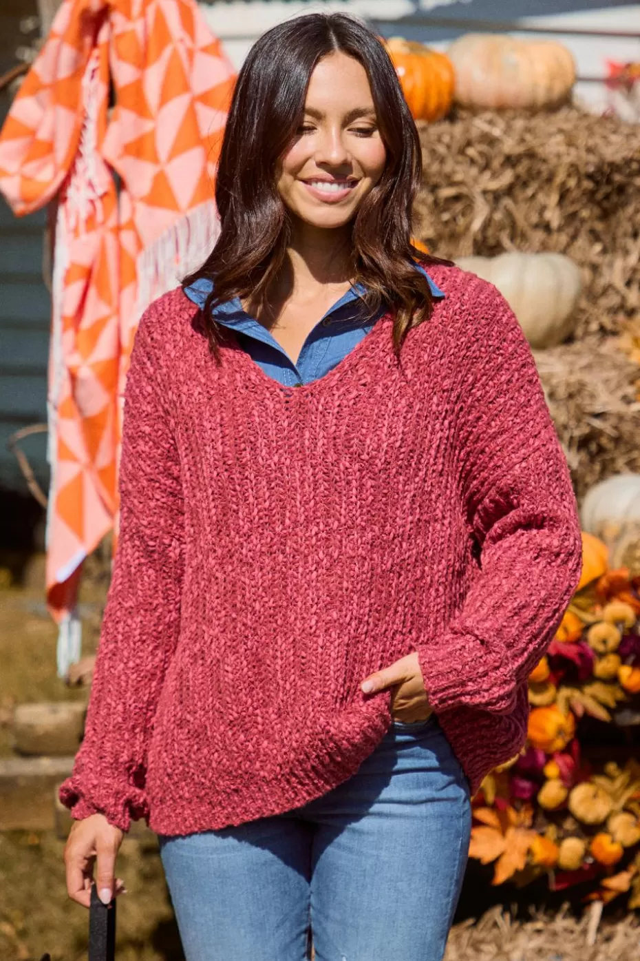Hot Cupshe Burgundy V-Neck Puff Sleeve Sweater Burgandy