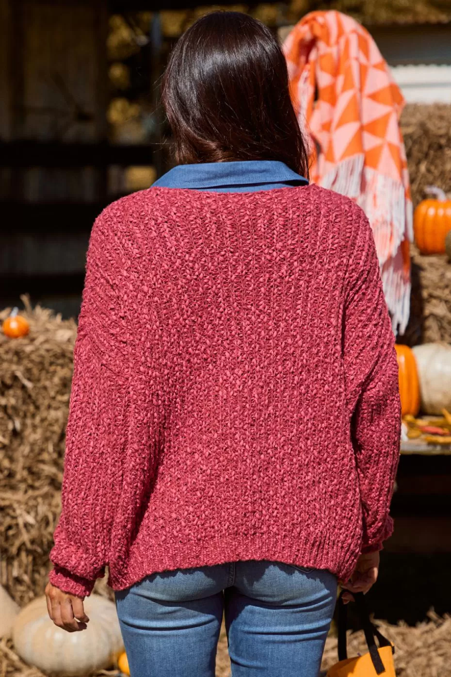 Hot Cupshe Burgundy V-Neck Puff Sleeve Sweater Burgandy