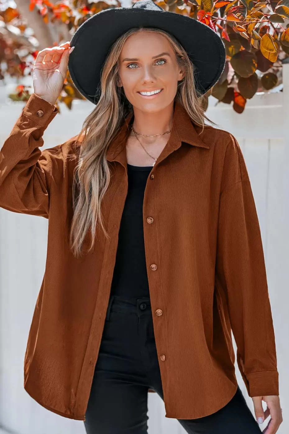 Shop Cupshe Corduroy Collared Front Button Long Sleeve Top Burnt Orange