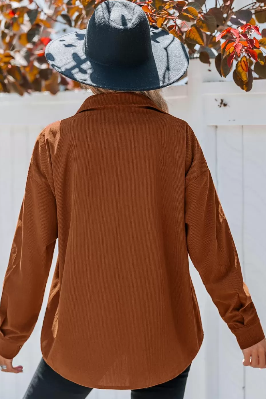 Shop Cupshe Corduroy Collared Front Button Long Sleeve Top Burnt Orange