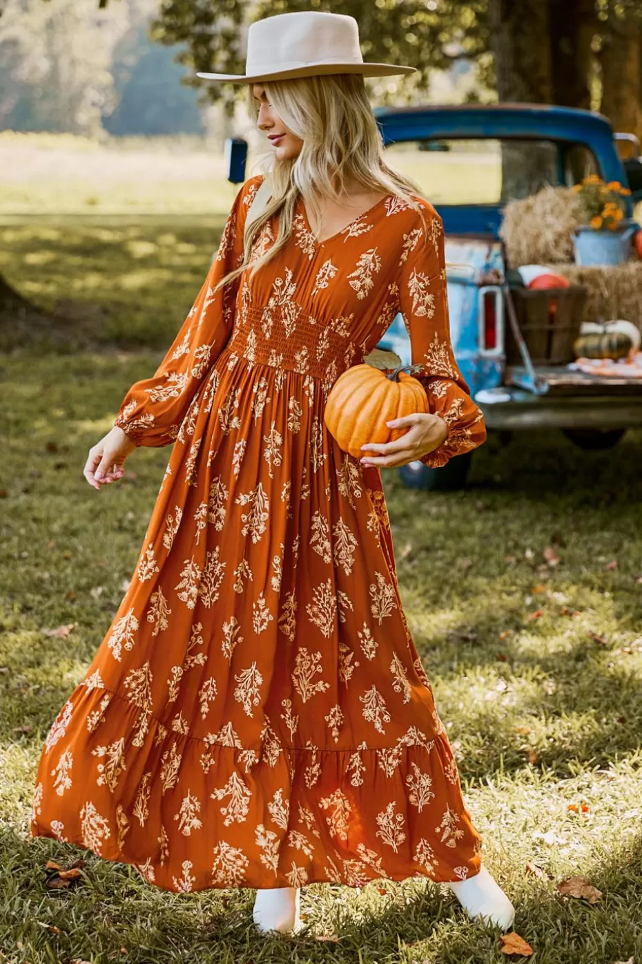 Online Cupshe Burnt Orange Floral Blouson Sleeve Smocked Waist Maxi Dress Brown