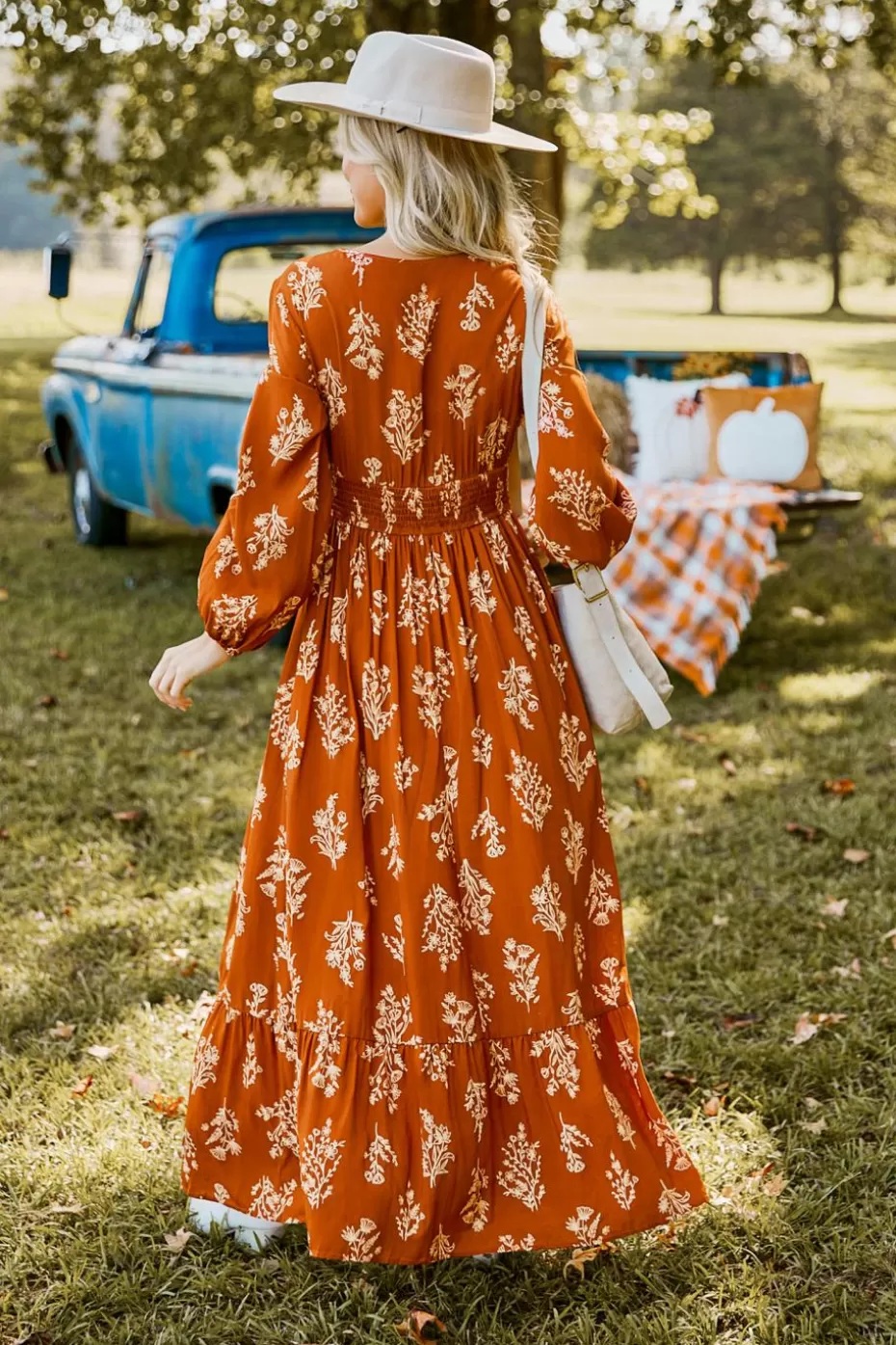 Online Cupshe Burnt Orange Floral Blouson Sleeve Smocked Waist Maxi Dress Brown