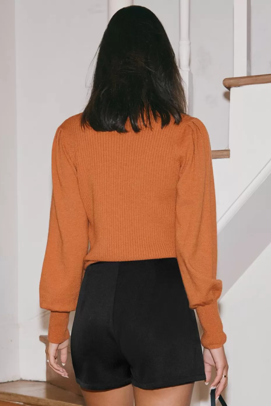 Sale Cupshe High Neck Long Puff Sleeve Sweater Top Burnt Orange