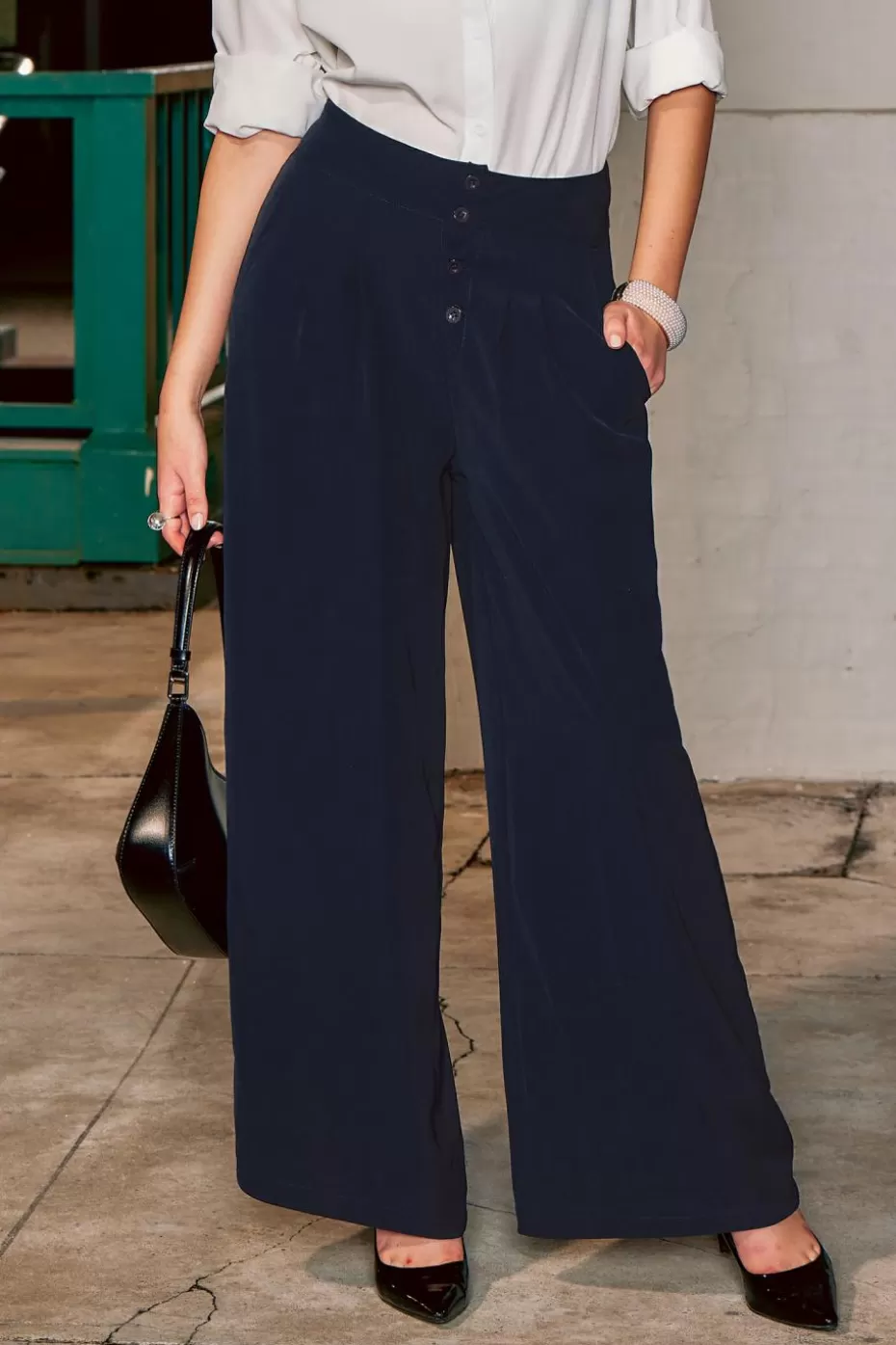 Store Cupshe Buttoned High-Rise Wide Leg Pants Navy