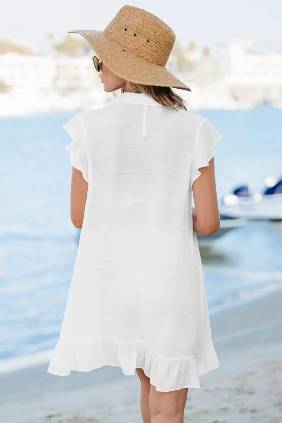 Sale Cupshe Button-Up Collared Ruffle Mini Cover-Up White