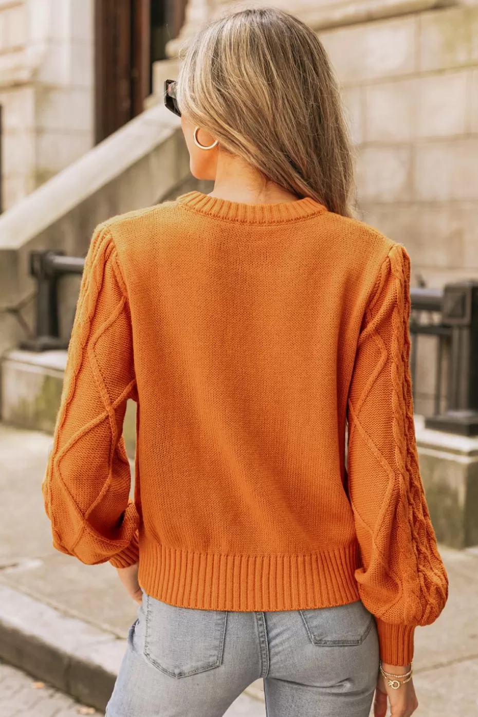Hot Cupshe Cable Knit Bishop Sleeve Sweater Orange