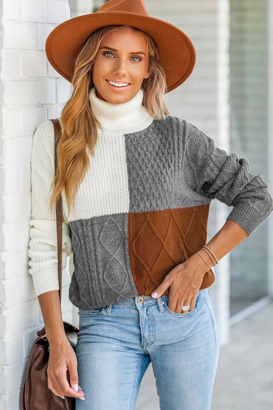 Best Cupshe Cable Knit Colorblock Turtleneck Sweater Grey