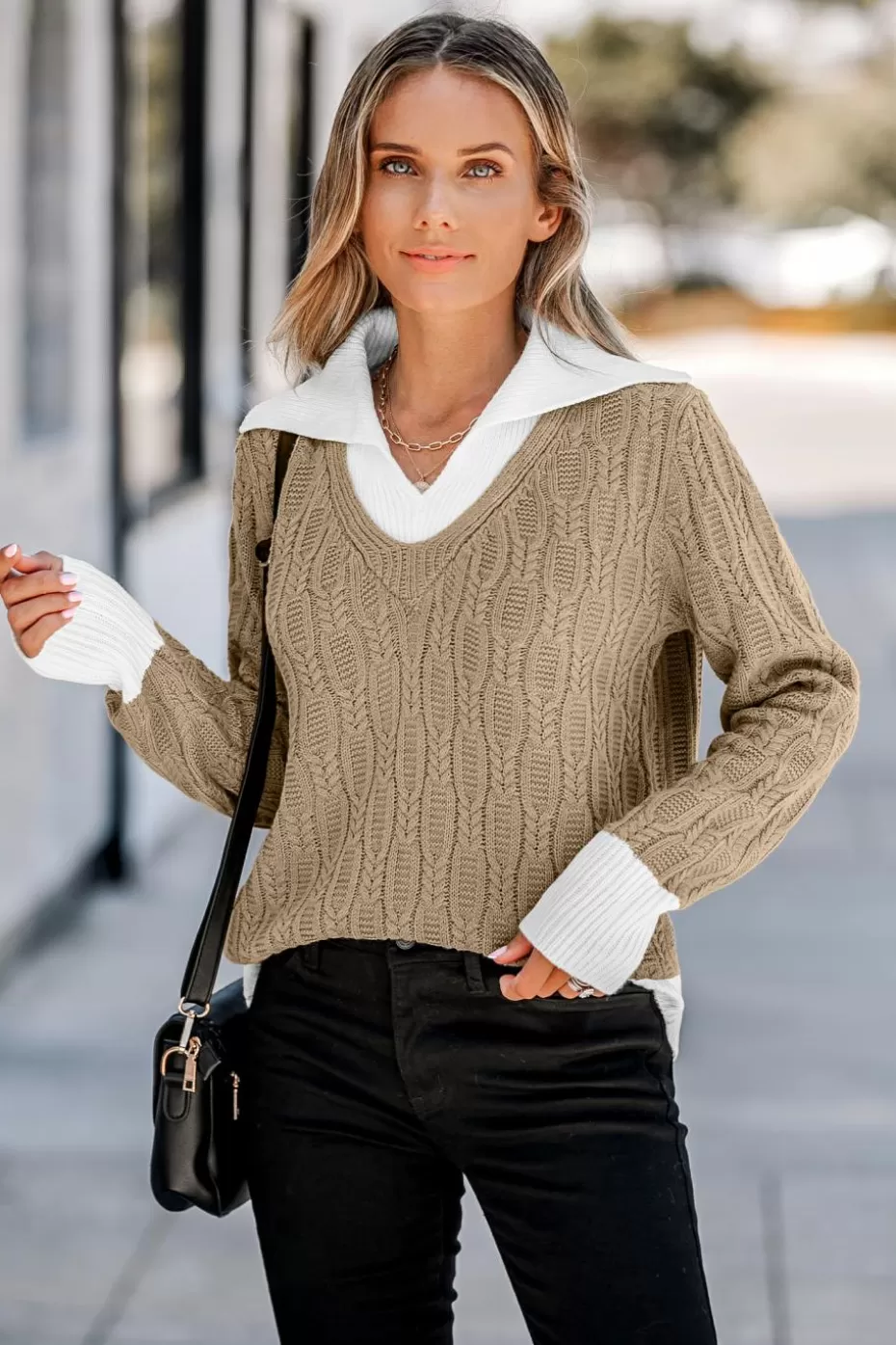 Cheap Cupshe Cable Knit Combo Sweater Light Brown