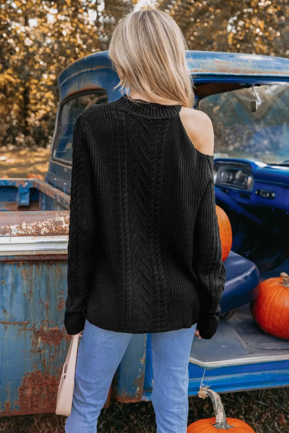Outlet Cupshe Cable Knit Mock Neck Cutout Sweater Black