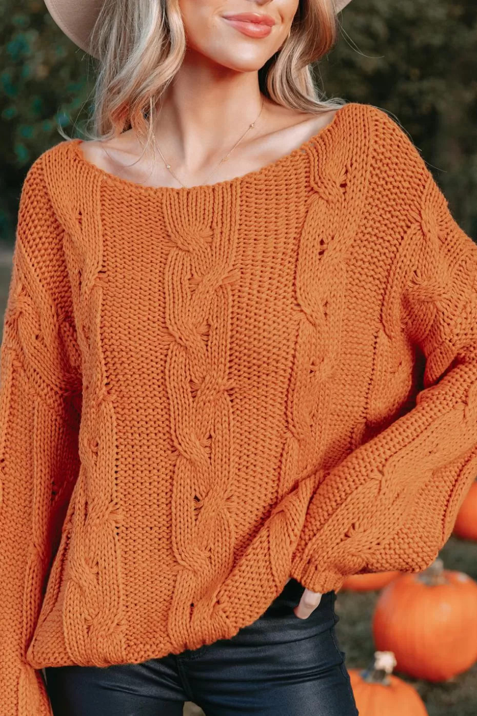 Discount Cupshe Cable Knit One-Shoulder Sweater Orange