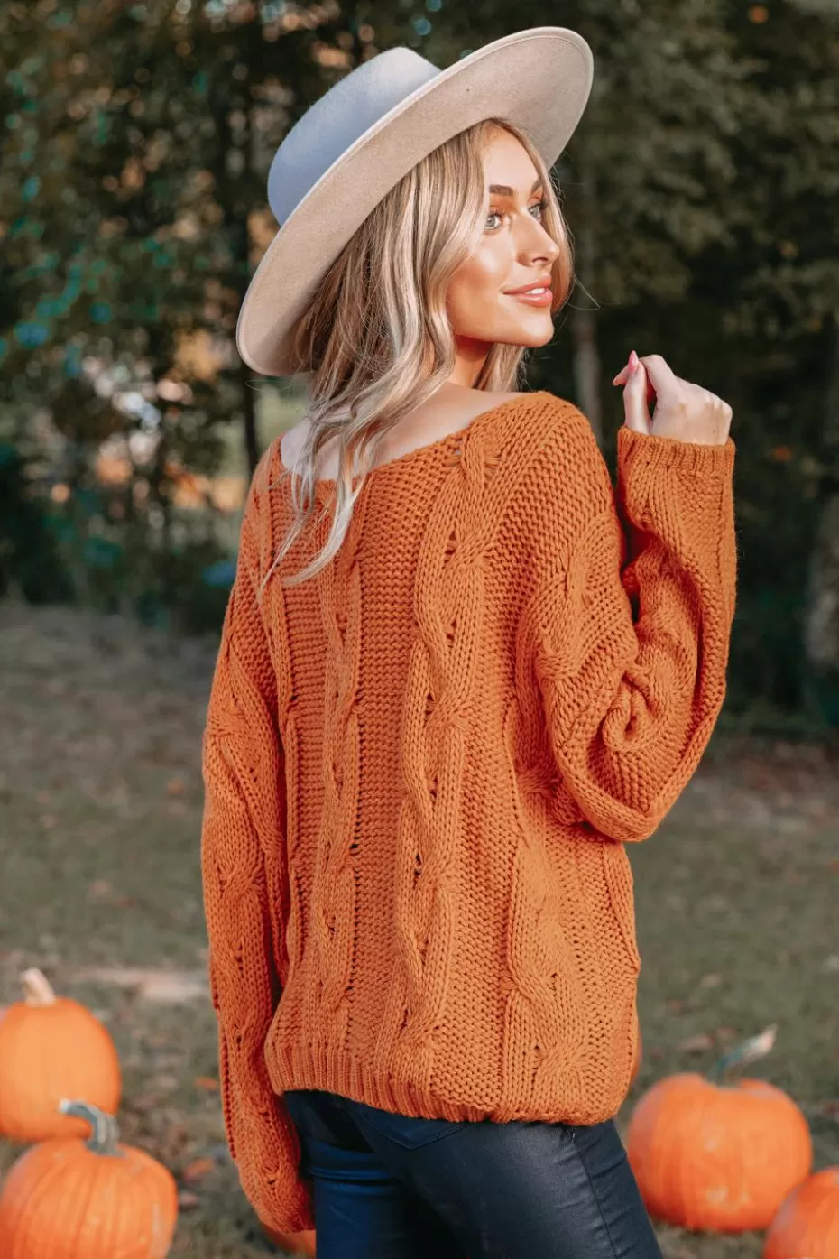 Discount Cupshe Cable Knit One-Shoulder Sweater Orange