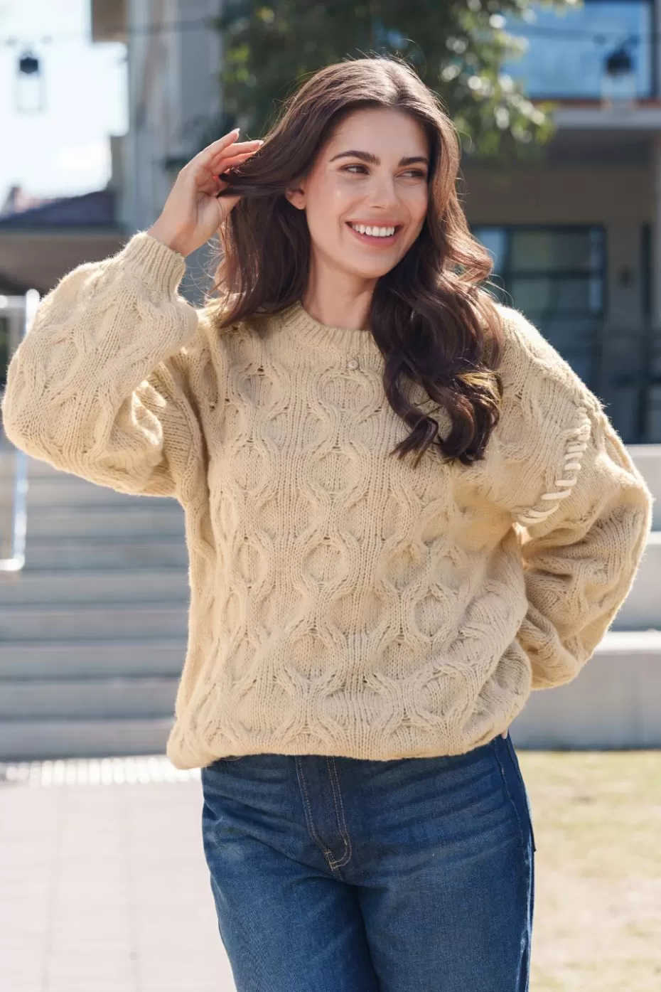 Discount Cupshe Cable Knit Round Neck Sweater Khaki
