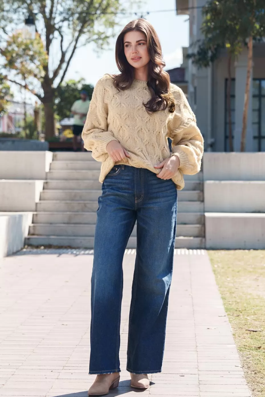 Discount Cupshe Cable Knit Round Neck Sweater Khaki