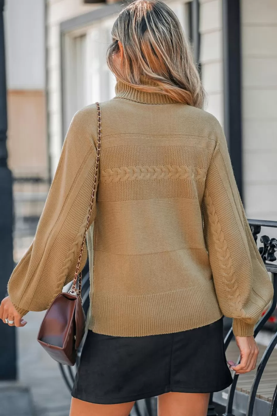 Shop Cupshe Cable Knit Turtleneck Sweater Khaki