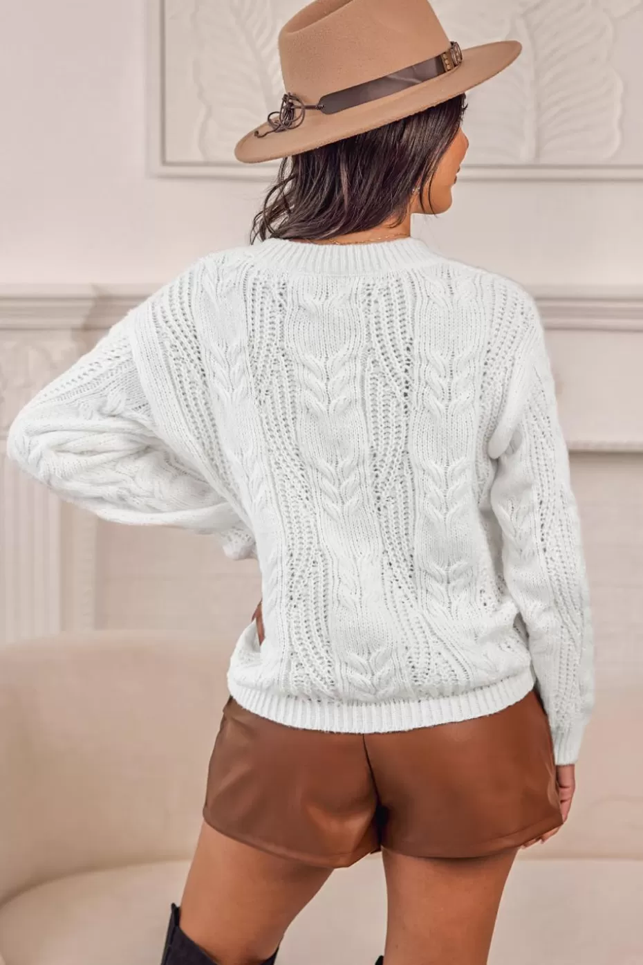 New Cupshe Cable Knit V-Neck Sweater White