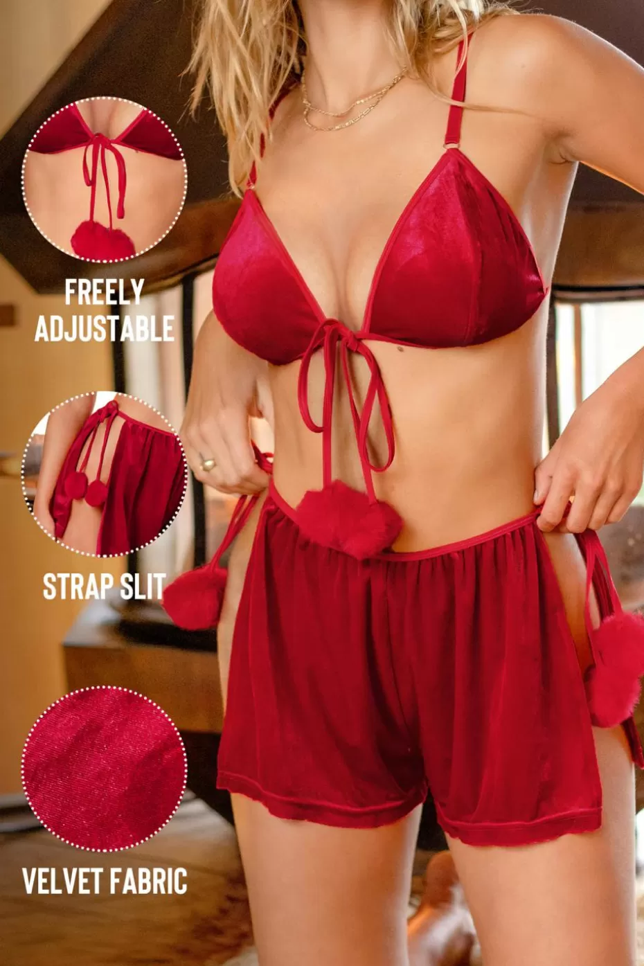New Cupshe Carmine Fuzzy PomPom Sleep Set Red