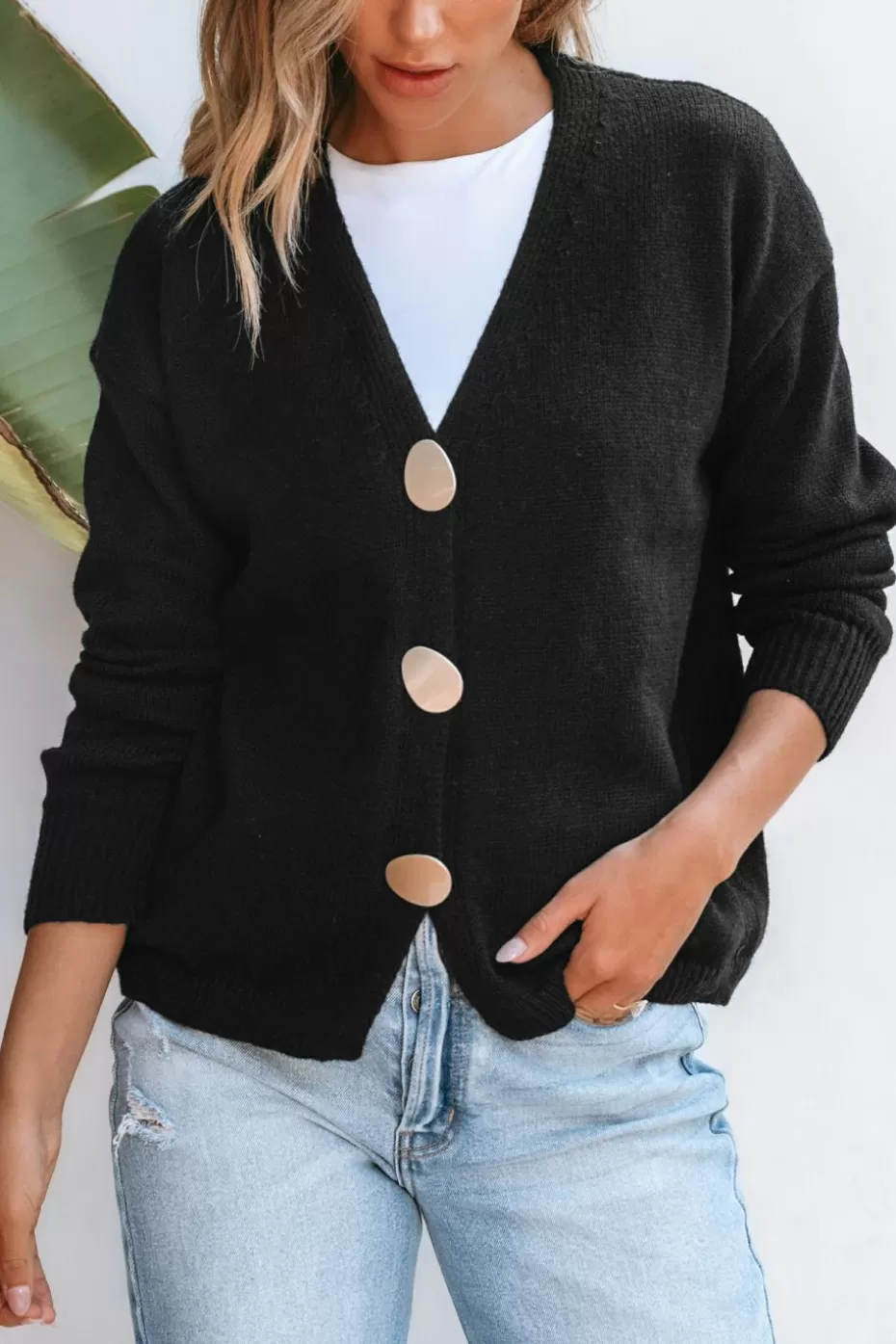 Outlet Cupshe Charcoal Knit Button-Up V-Neck Cardigan Black