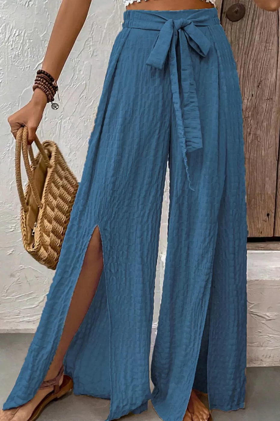 Clearance Cupshe Checkered Wide Leg Split Hem Pants Blue