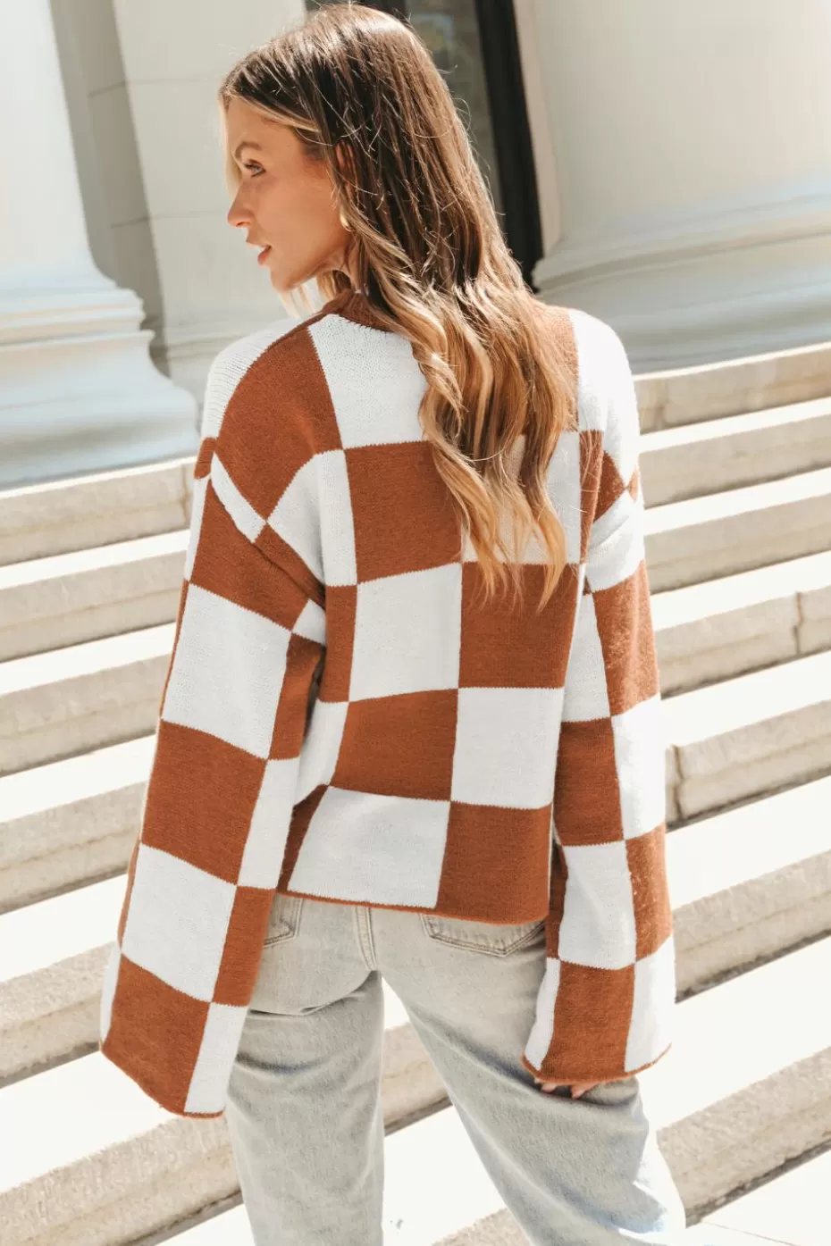 Cheap Cupshe Checkered Flare Sleeve Sweater White