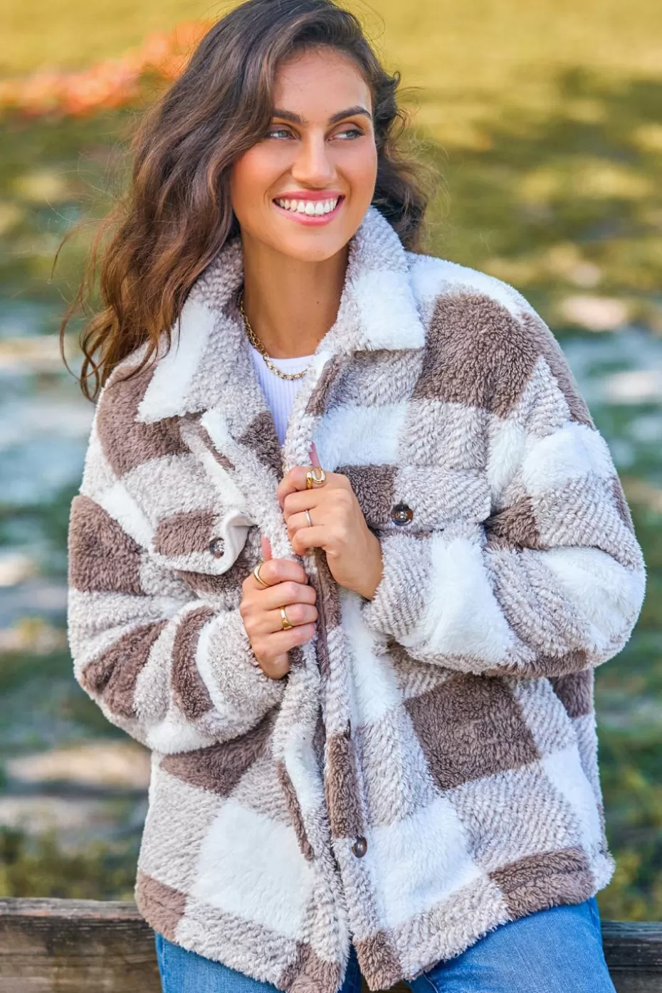 Hot Cupshe Checkered Sherpa Collared Front Button Jacket Taupe