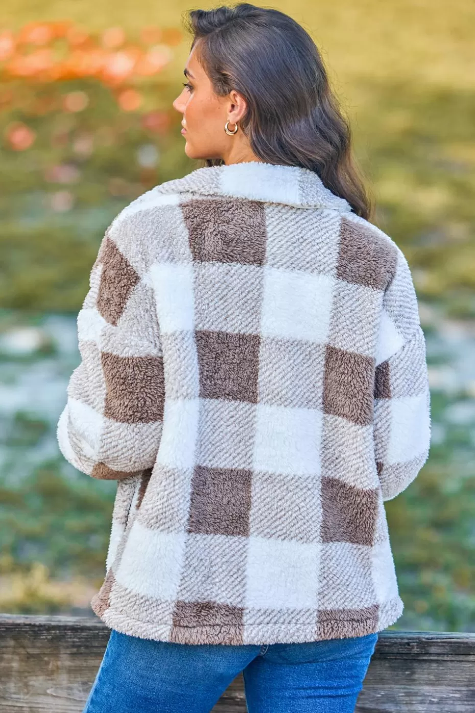Hot Cupshe Checkered Sherpa Collared Front Button Jacket Taupe