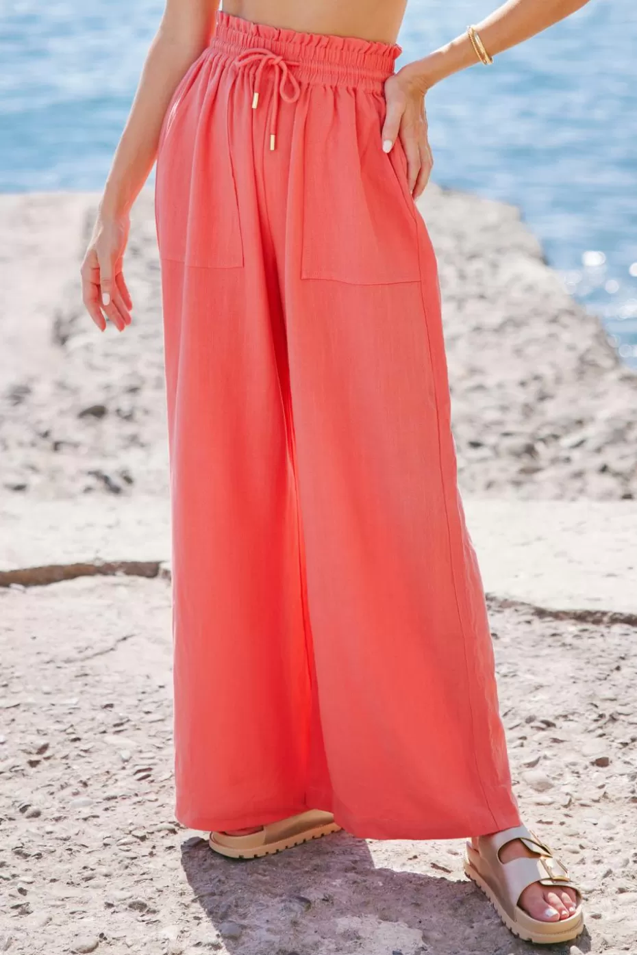 Best Sale Cupshe Red Paperbag Waist Palazzo Pants Cherry
