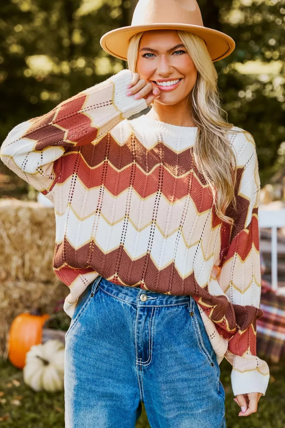 New Cupshe Chevron Colorblock Round Neck Long Sleeve Sweater Brown