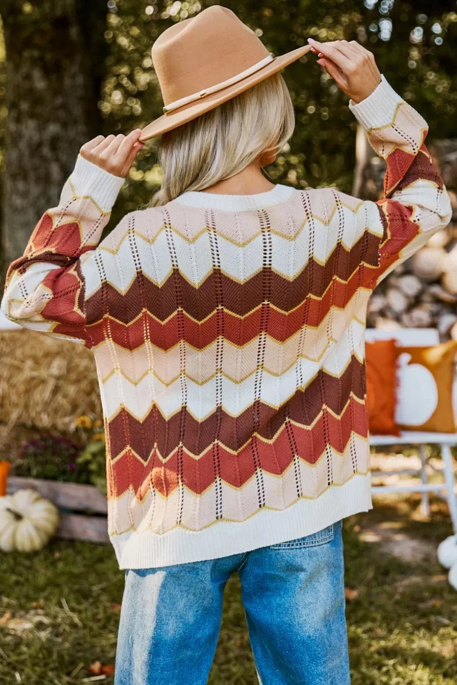 New Cupshe Chevron Colorblock Round Neck Long Sleeve Sweater Brown