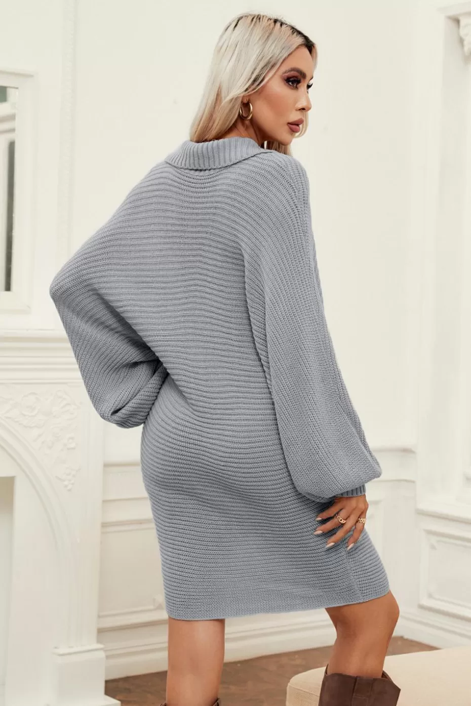 Outlet Cupshe Chunky Knit V-Neck Collar Sweater Dress Grey