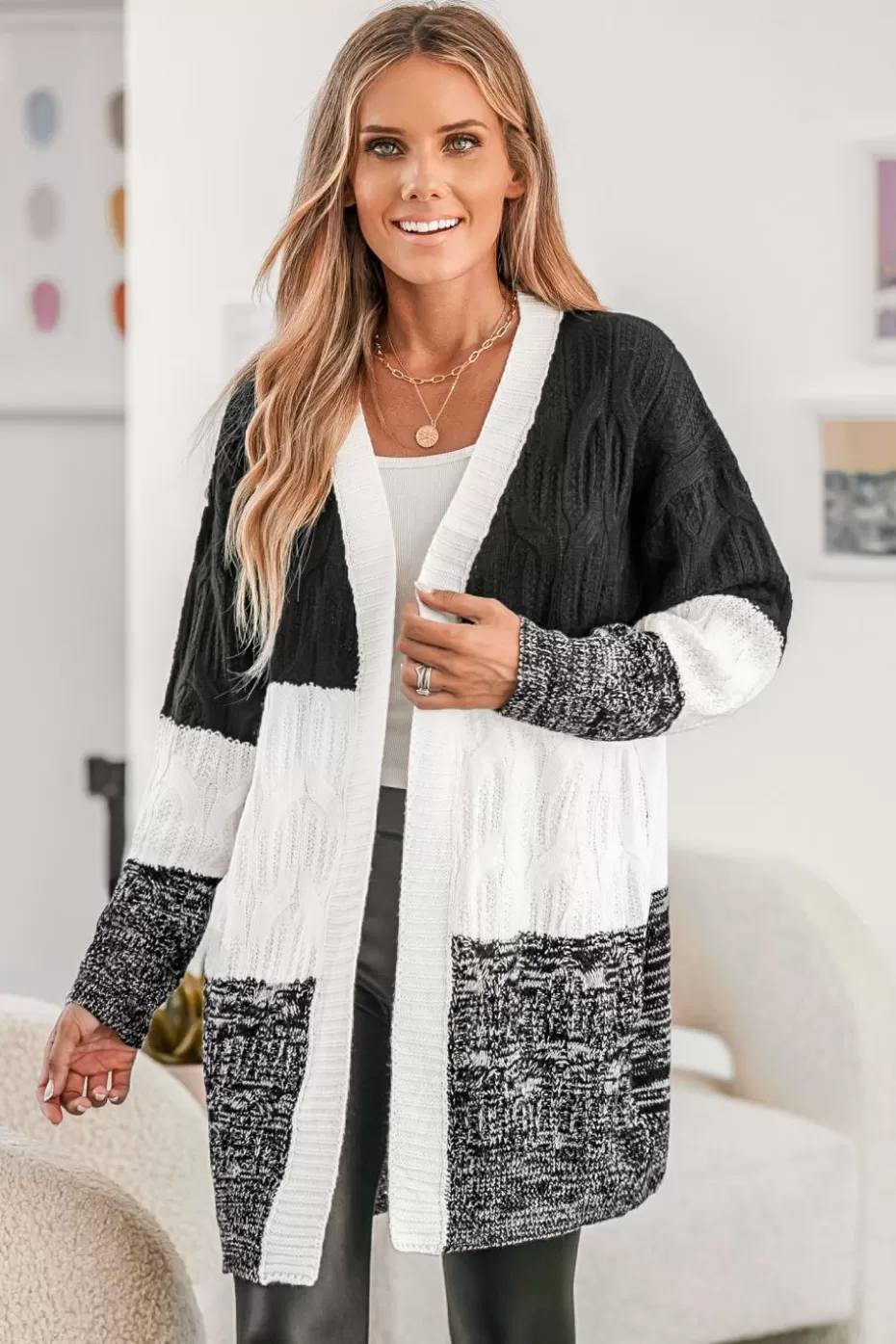 Clearance Cupshe Classic Cozy Colorblock Open-Front Cardigan Black