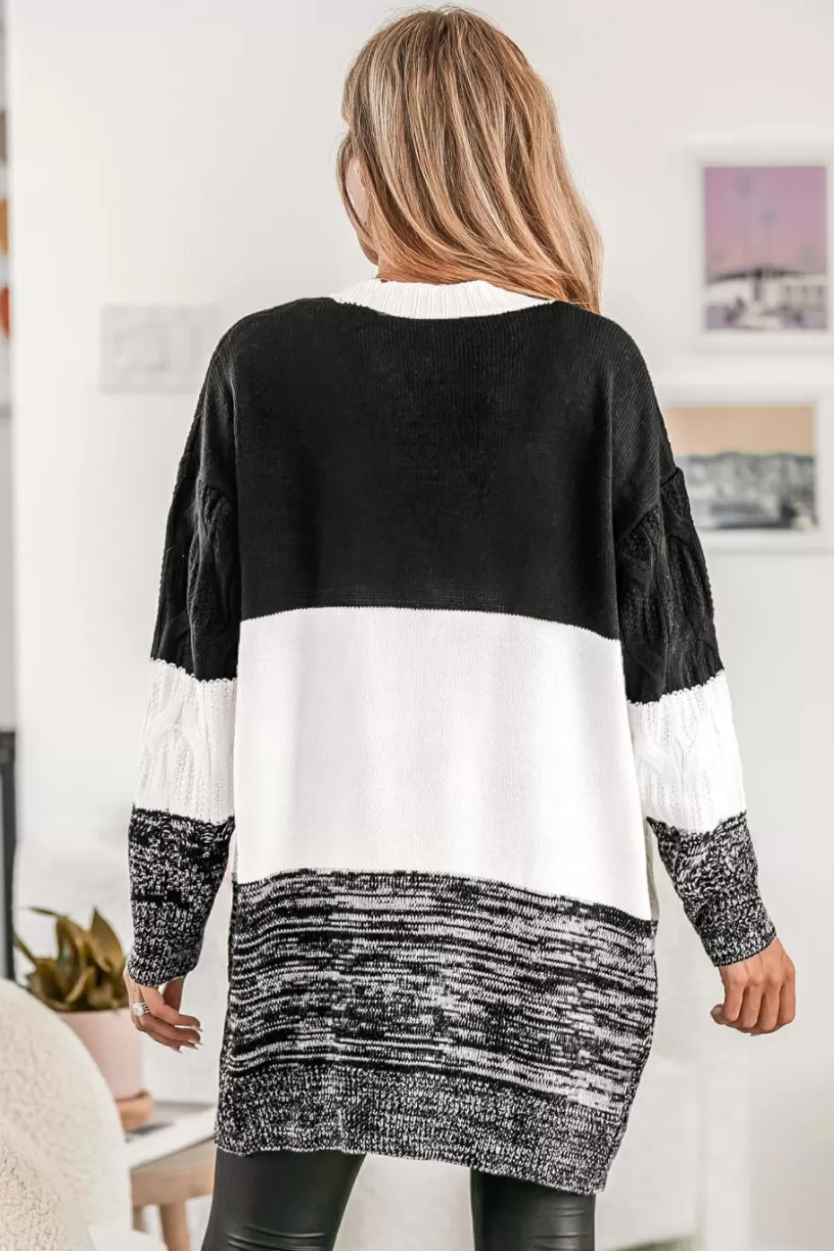Clearance Cupshe Classic Cozy Colorblock Open-Front Cardigan Black