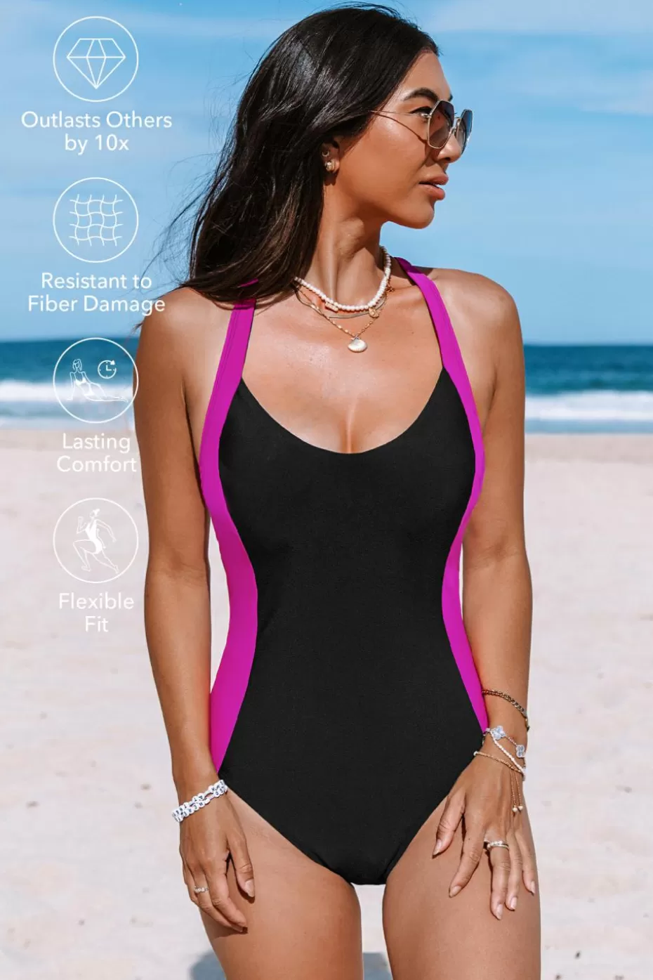 Best Sale Cupshe Coal & Fuchsia Lycra Cross Back One-Piece Black