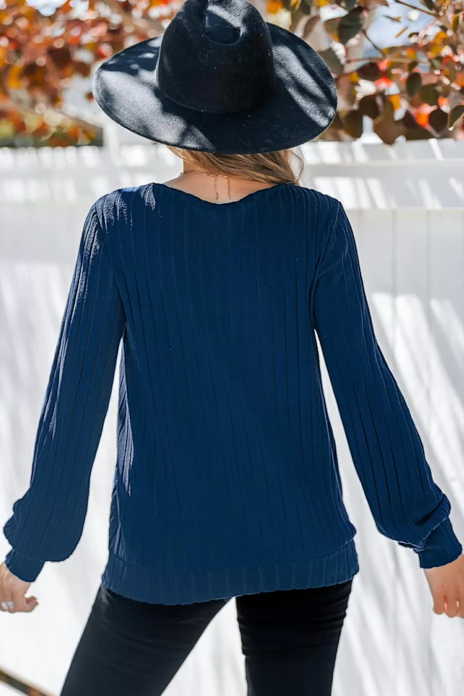 Clearance Cupshe Blue Ribbed Knit V-Neck Long Sleeve Top Cobalt