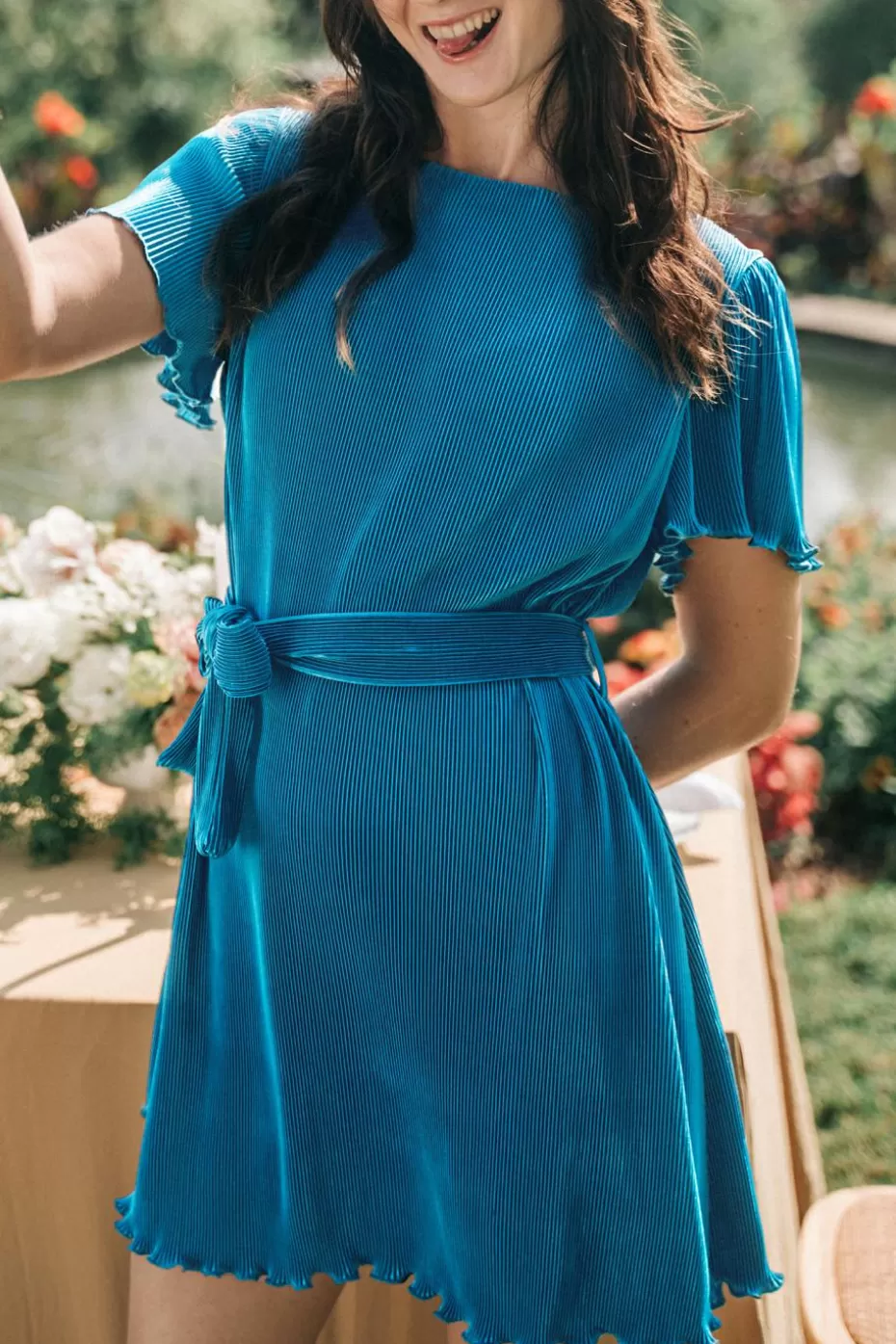 New Cupshe Cobalt Boat Neck Short Sleeve Lettuce Trim Mini Dress Blue