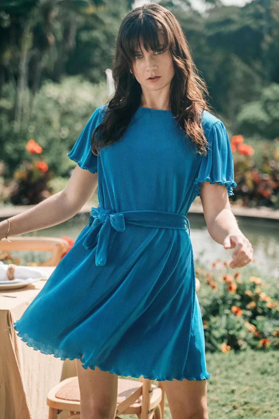 New Cupshe Cobalt Boat Neck Short Sleeve Lettuce Trim Mini Dress Blue