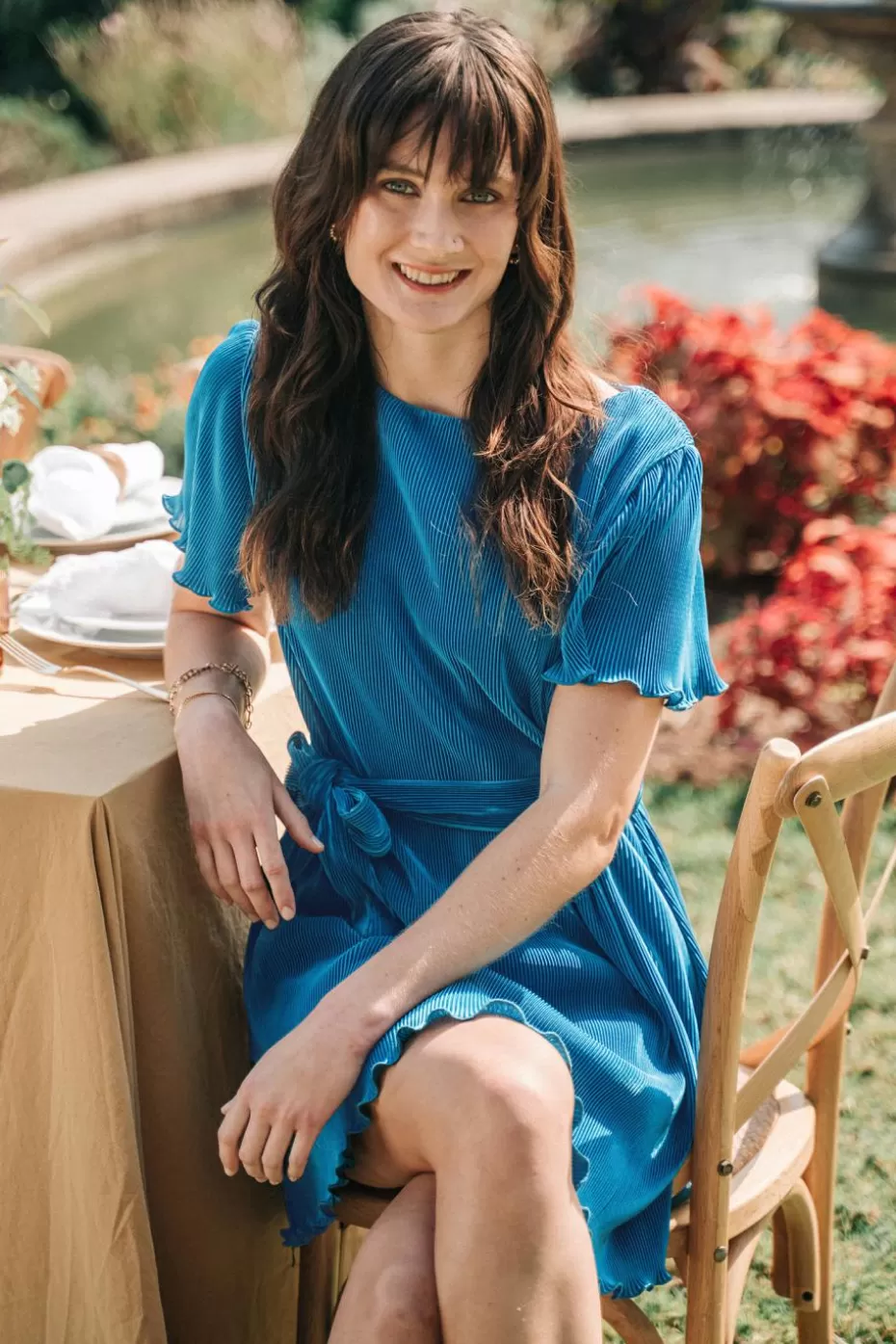 New Cupshe Cobalt Boat Neck Short Sleeve Lettuce Trim Mini Dress Blue