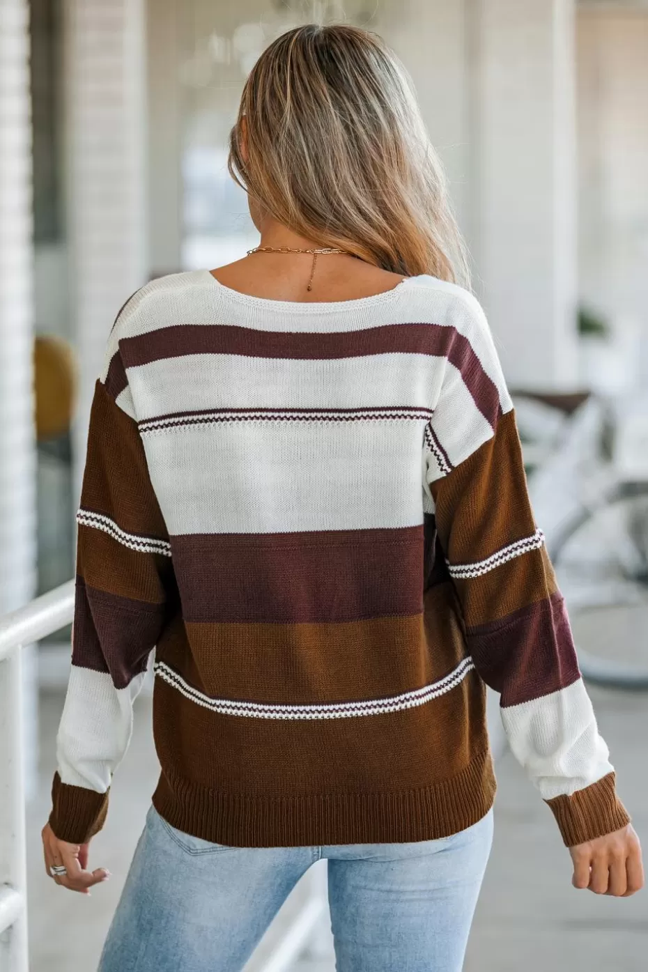 Clearance Cupshe Coffee Striped V-Neck Sweater White