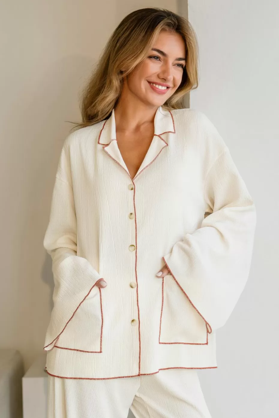 Shop Cupshe Collared Long Sleeve Top & Pants Pajama Set White