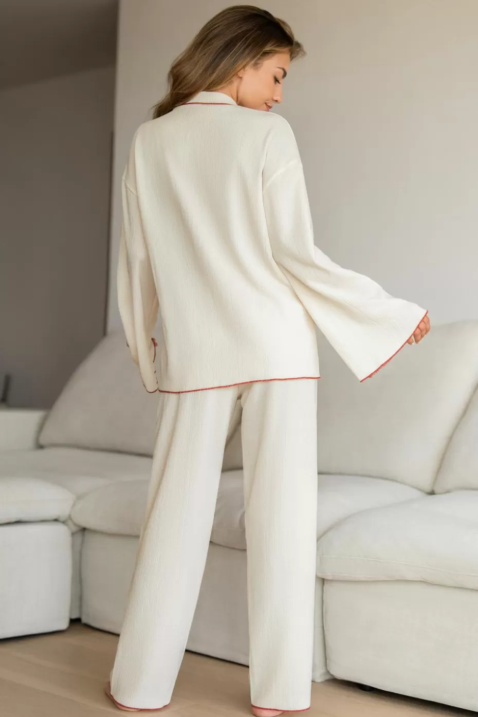 Shop Cupshe Collared Long Sleeve Top & Pants Pajama Set White