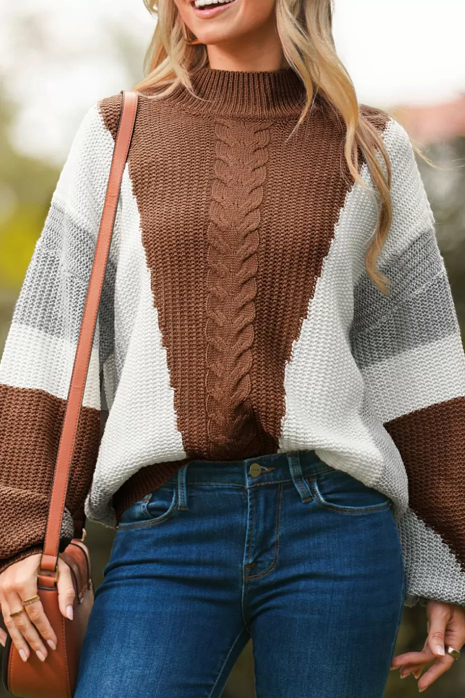 Discount Cupshe Colorblock Cable Knit Long Sleeve Turtleneck Sweater Brown